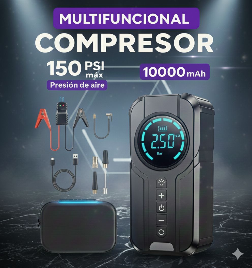 ARRANCADOR PORTÁTIL POWERJUMP 10 000 mAh - Compresor de Aire + Luz LED + PowerBank / 10 000 mAh